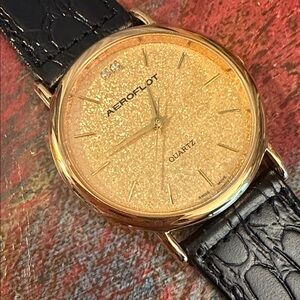 Rare Aeroflot (Soviet Era) Quartz Gold-plated watch on a Black Strap Vintage